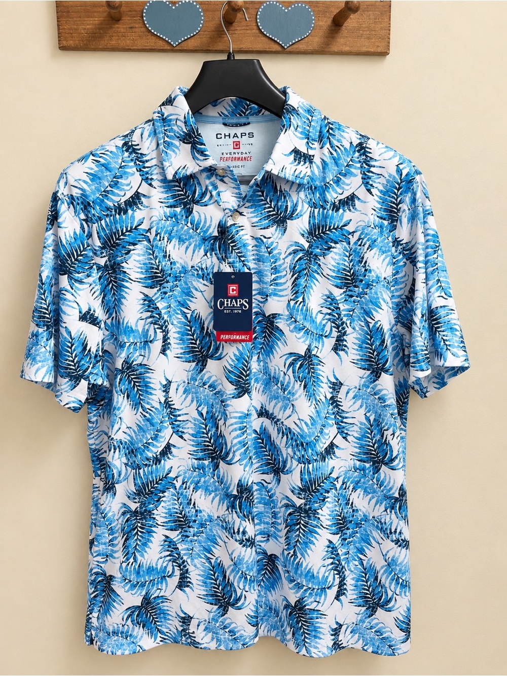 Chaps Men’s Blue and White Tropical Leaf Short Sleeve Button-Down Shirt
